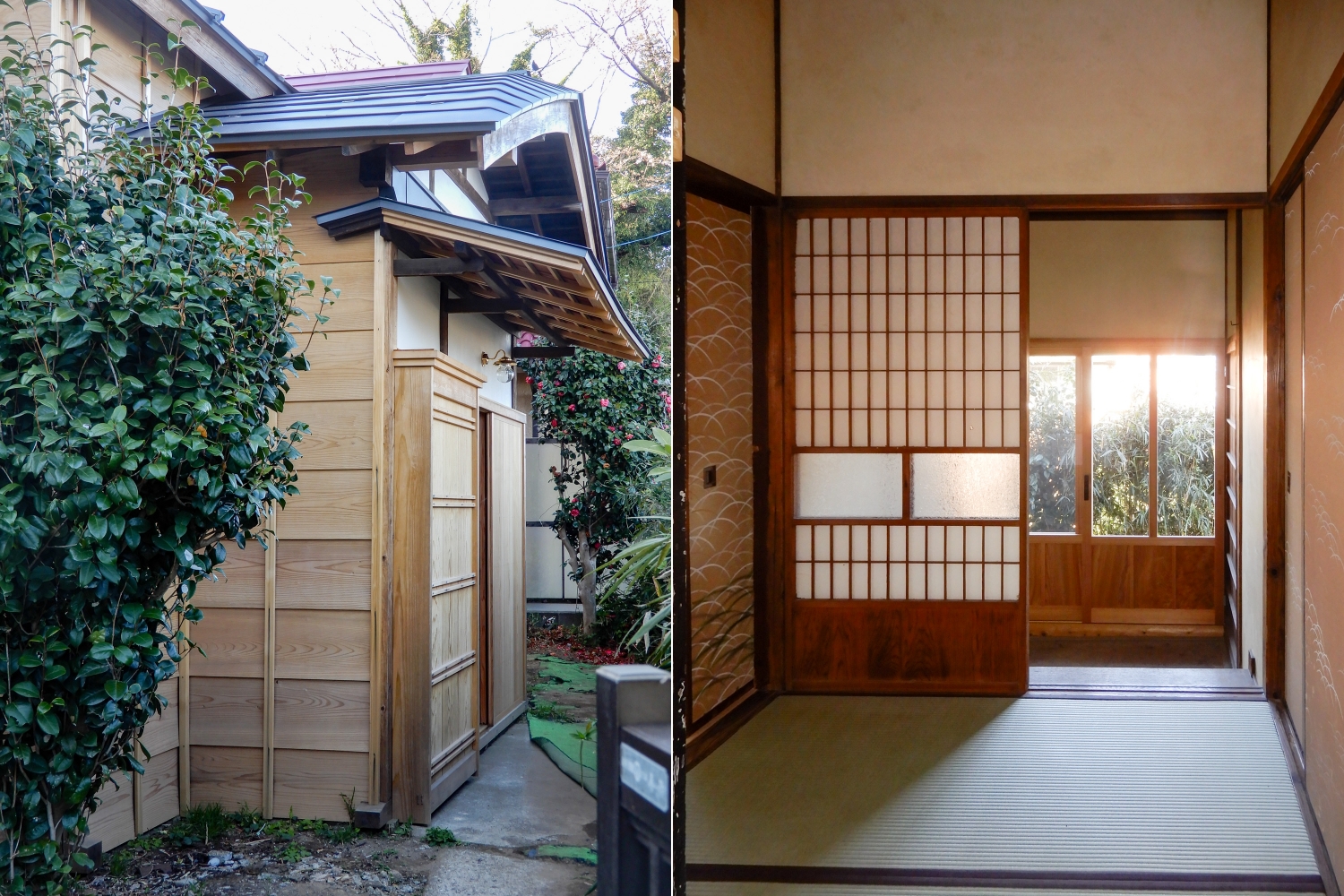 左：NPO法人 日本民家再生協会の「民家再生奨励賞」を受賞。外壁は洋間を除いて日本下見張り （にほんしたみばり）。雨仕舞がよく木材が腐りにくいので長持ちする日本に古くからある工法。 右：玄関を上がると次の間。お客様をお迎えする二畳の部屋で、ゆとりを感じさせてくれます。