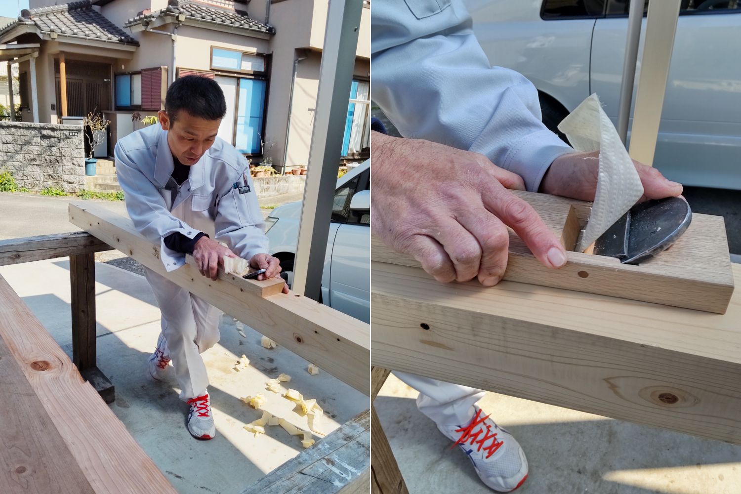 鉋削り日本一の棟梁のもとで磨いた田中さんの技術。薄くて綺麗な鉋くずがふわりと舞うと、なんともいい香りが広がる。