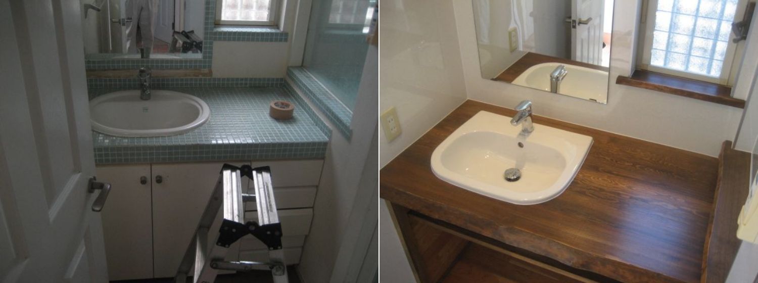 左：ご近所の家の洗面台のリフォーム。 右：一枚板を使用し、モダンで優しい印象に。